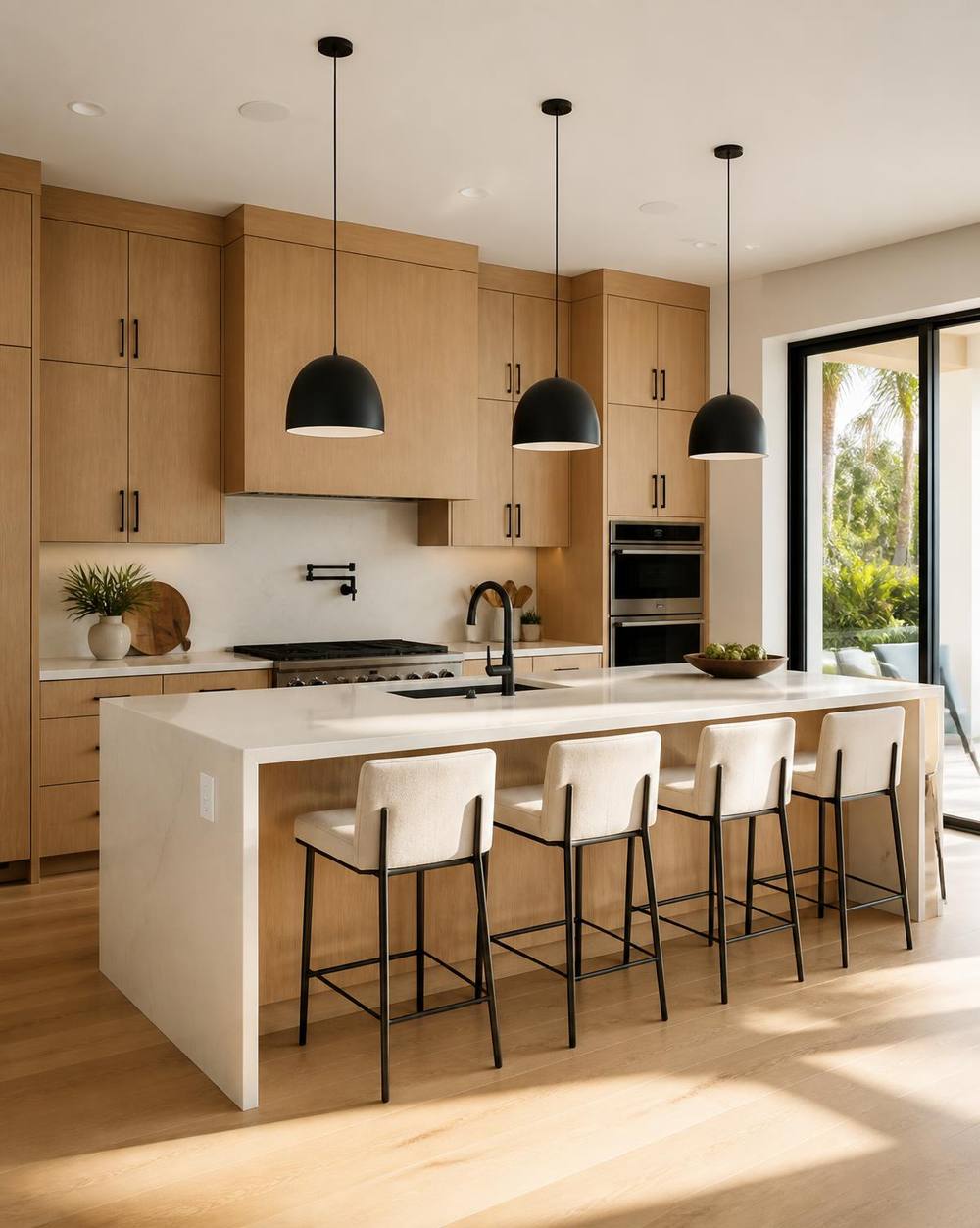 Custom South Florida kitchen with warm oak cabinets and black pendant lights