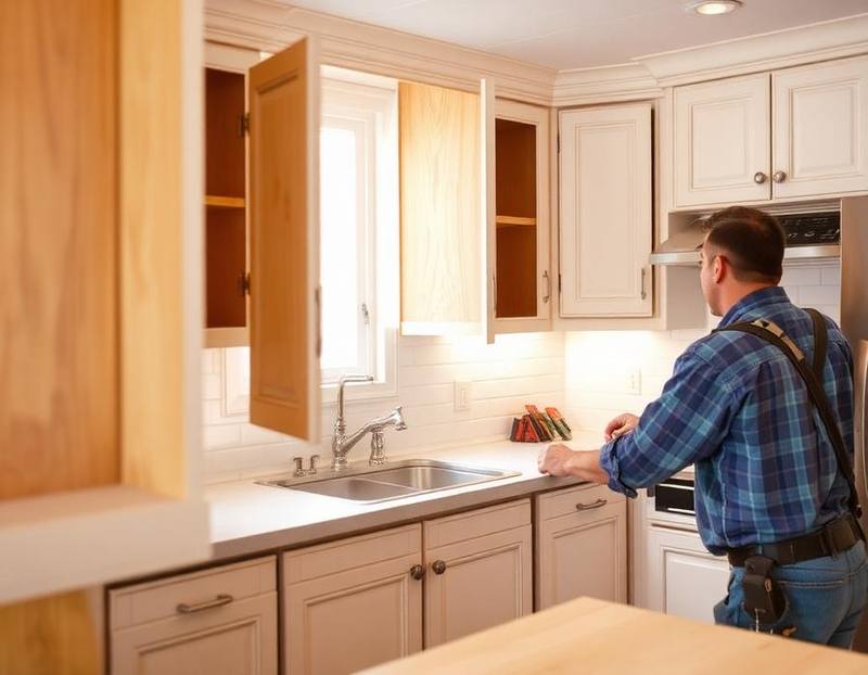 Carpenter refacing kitchen cabinet doors